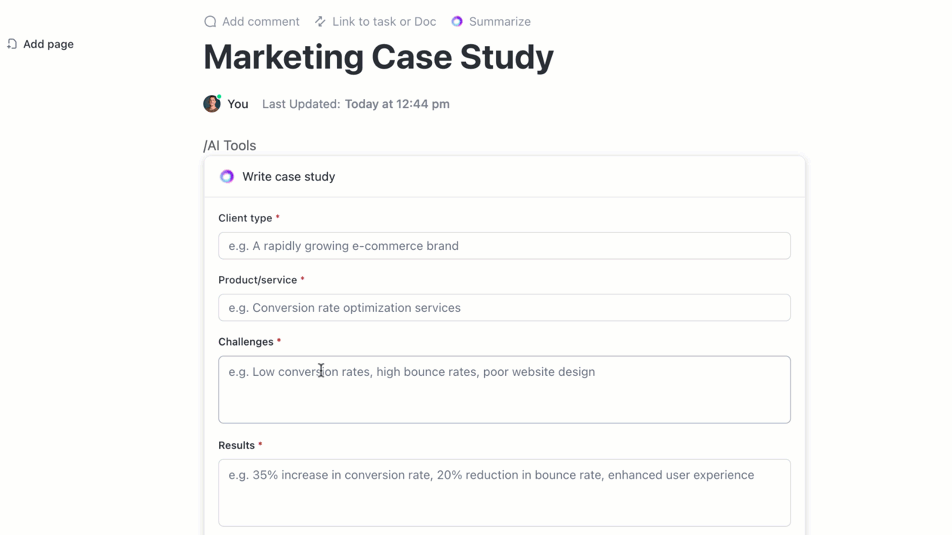 As funções de IA do ClickUp simplificam para as equipes de marketing a produção rápida de documentos importantes, como um estudo de caso