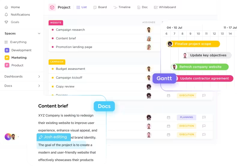 ClickUp’s List view, Docs view and Gantt chart view