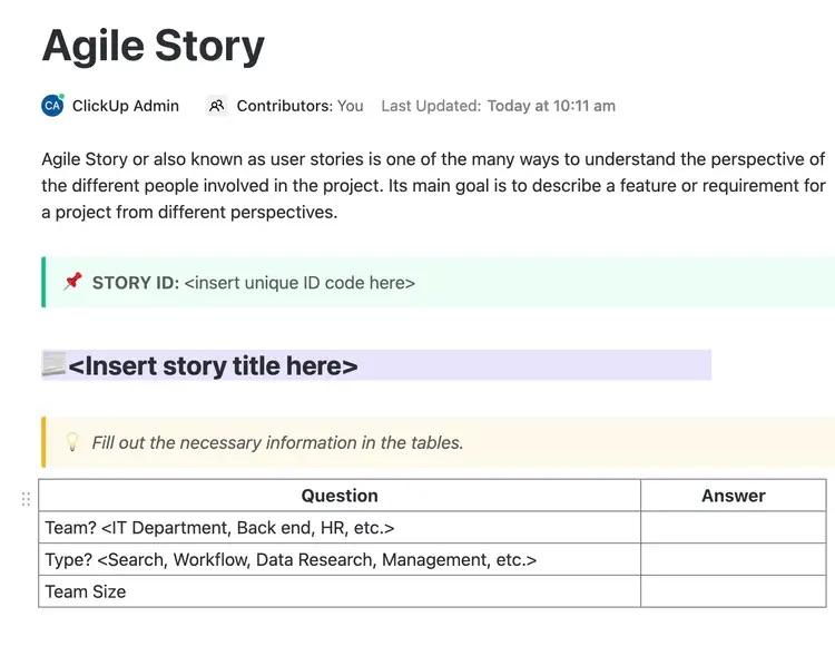 Improve teams and stakeholder collaboration with ClickUp Agile Story Template