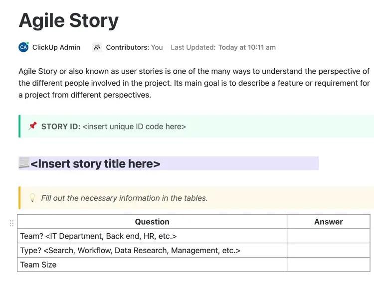 Utilisez le modèle d'histoire agile de ClickUp pour aligner les objectifs individuels sur des objectifs plus larges afin d'obtenir une efficacité maximale