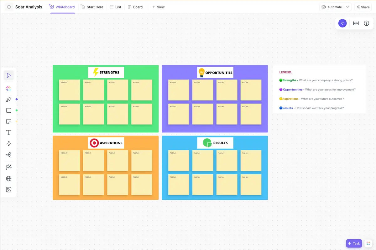 Gain clarity with ClickUp's Soar Analysis Template and make sure that no detail is left unexplored!