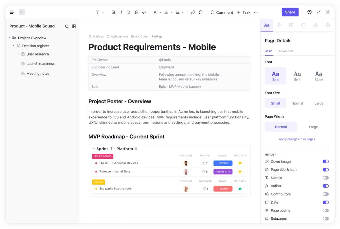 Write, edit, and collaborate with co-workers on a single document with ClickUp Docs