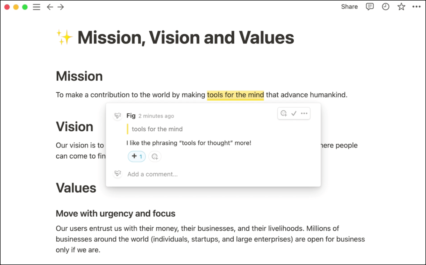 Notion Collaboration example showing a user collaborating in real time on a page with the company's mission, vision, and values