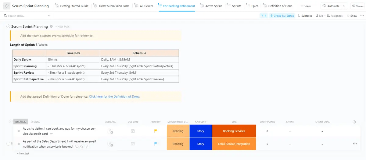 Customize sprints with ClickUp’s Scrum Planning Template