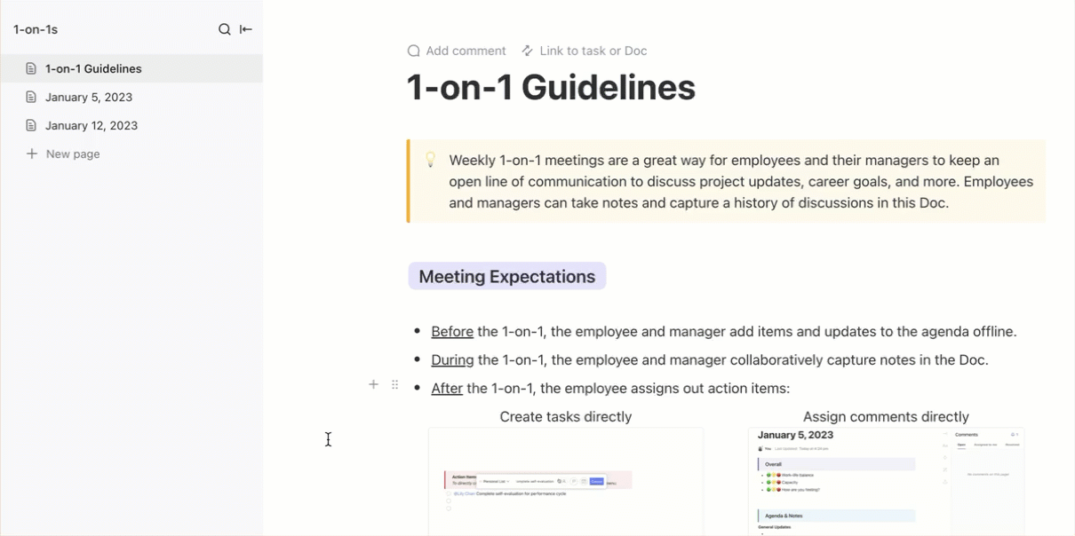 Plan your discussions easily with the ClickUp 1:1 Meeting Template