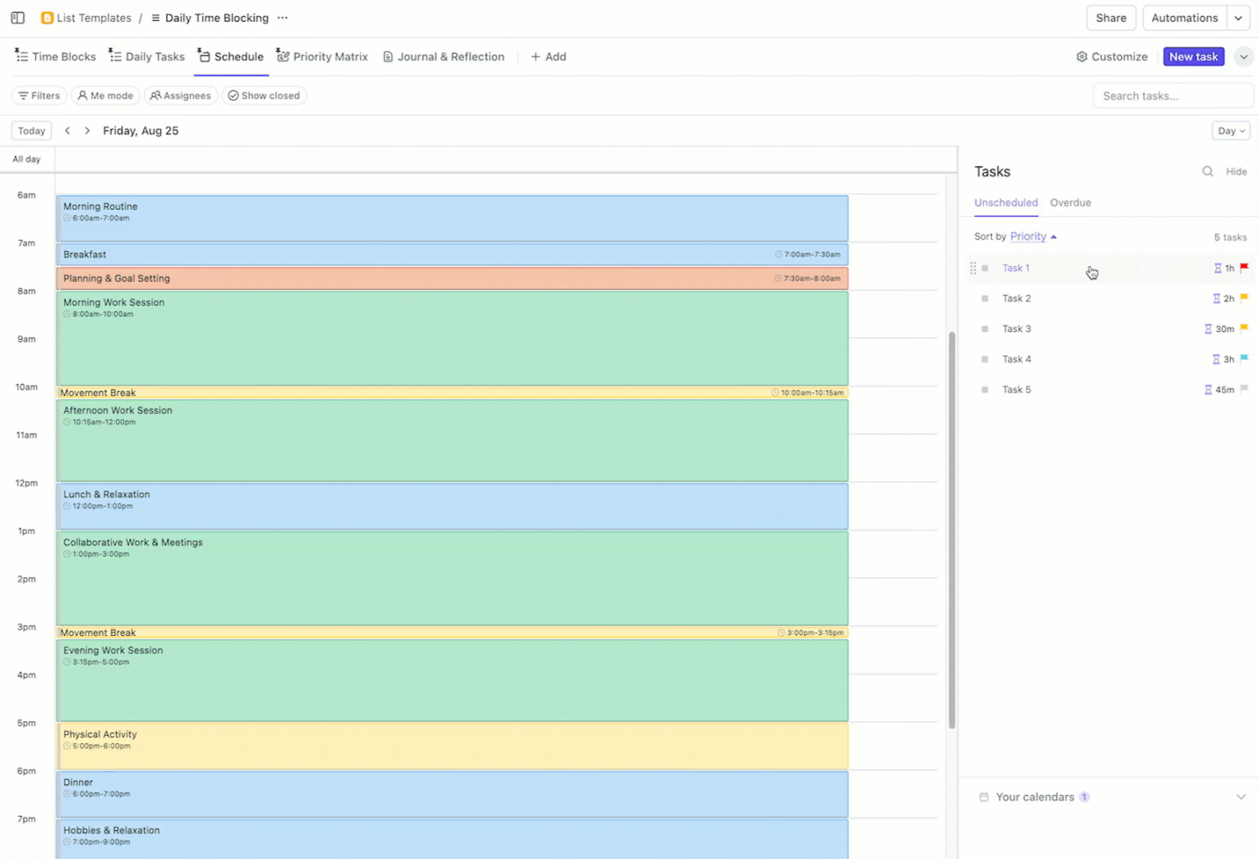 ClickUp Daily Time Blocking Template showing color-coded daily tasks in the platform