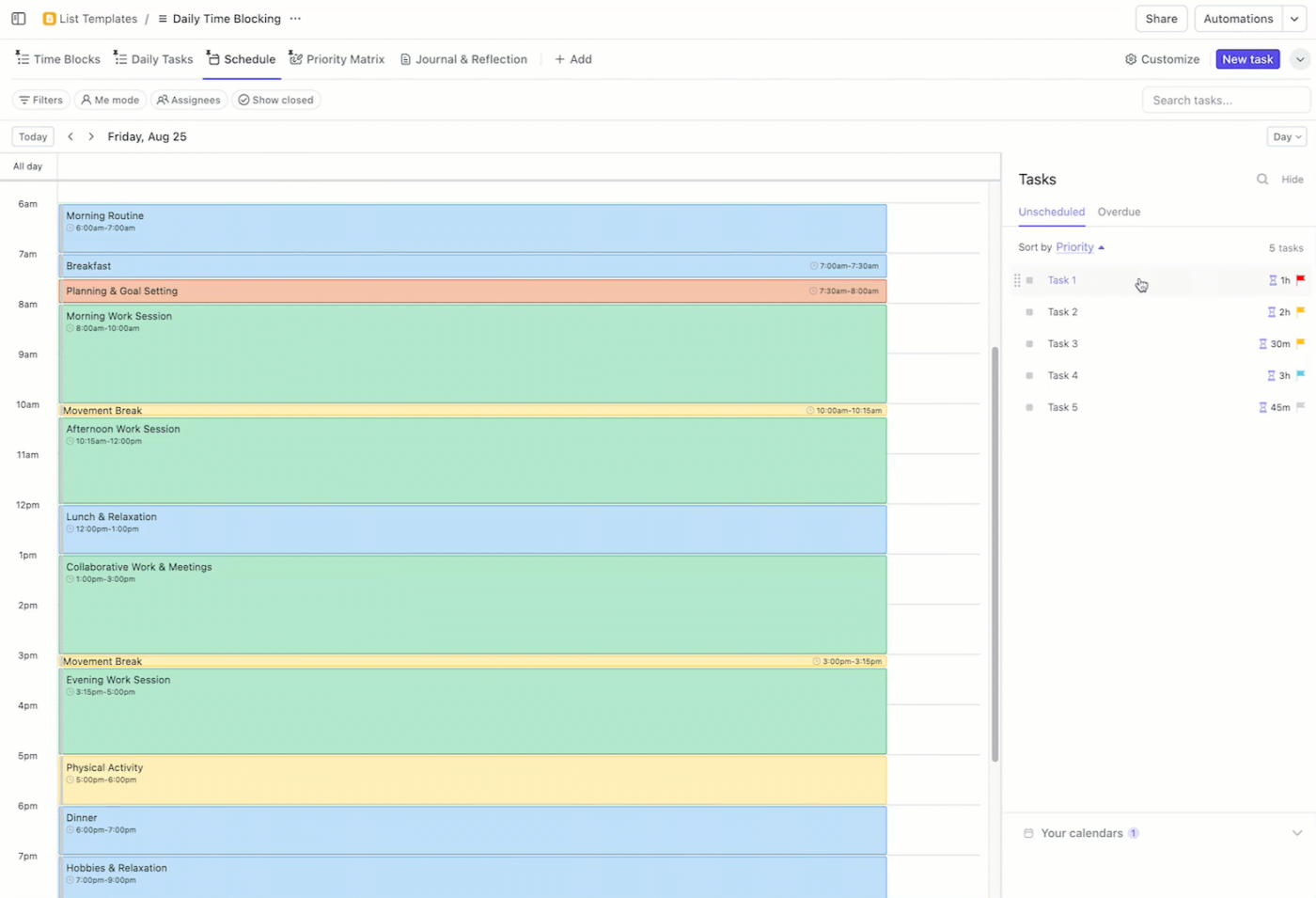 Modèle de blocage du temps quotidien ClickUp montrant les tâches quotidiennes codées par couleur dans la plateforme