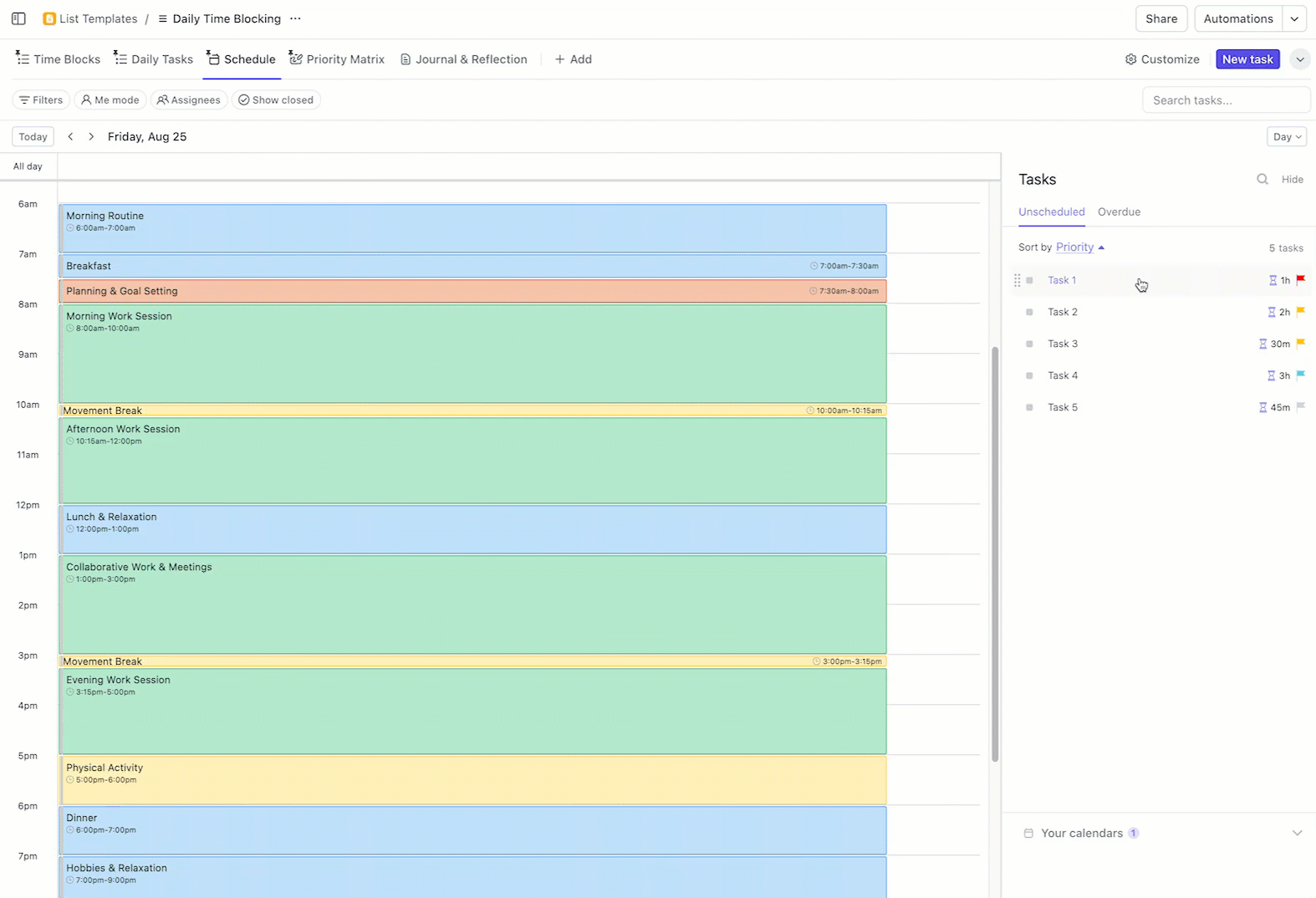 ClickUpデイリータイムブロックテンプレートを使って、タスクを生産性の高い時間帯に合わせましょう。