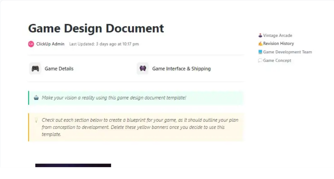 Plan every detail for seamless collaboration with ClickUp’s Game Design Document Template
