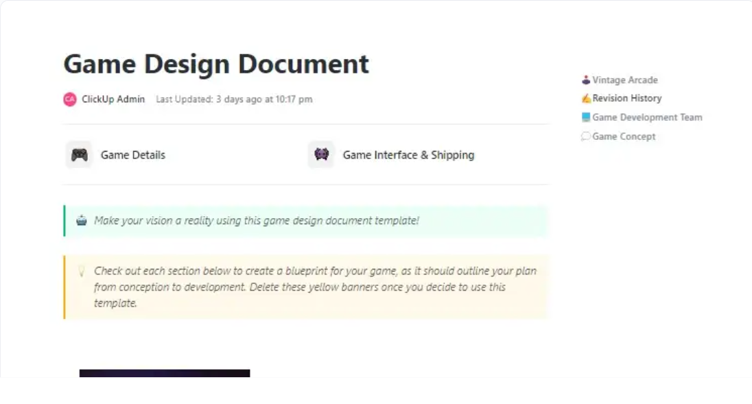 ClickUp의 게임 디자인 문서 템플릿으로 원활한 협업을 위한 모든 세부 사항을 플랜하세요