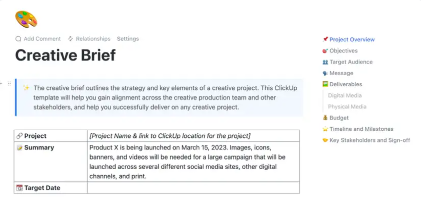 Lay out a comprehensive roadmap for your graphic designer with ClickUp's Creative Brief Document Template