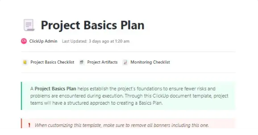 Break down your project journey into manageable tasks with the ClickUp Planning Document Template