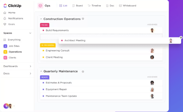 ClickUp para projetos de construção