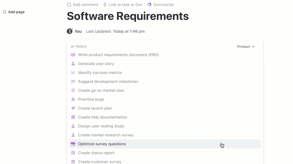 Product Management in ClickUp Dashboard Image