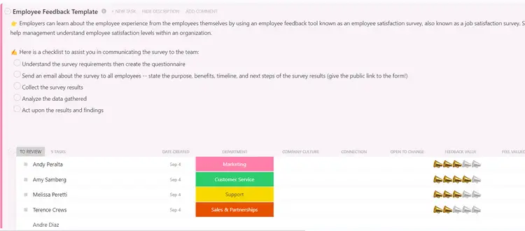 Sammeln und verwalten Sie das Feedback Ihrer Mitarbeiter mit ClickUp's Employee Feedback Template