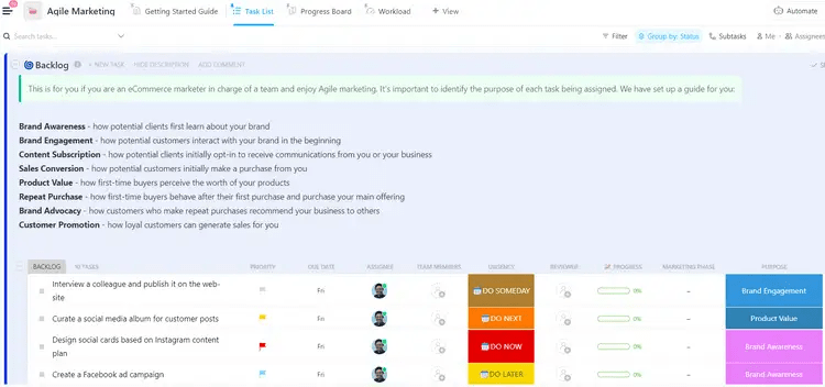 애자일 마케팅 워크플로우를 위한 ClickUp 애자일 마케팅 템플릿 사용