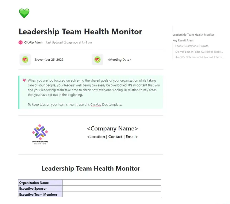 Identify key areas of improvement, create a platform of open dialogue, and build transparency amongst your leadership team with ClickUp’s Leadership Team Health Monitor Template