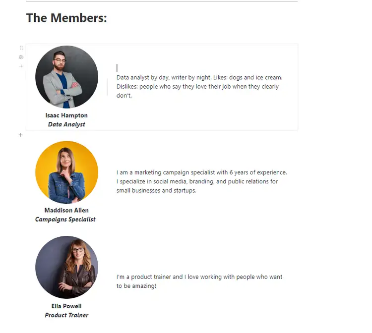 Introduce and track the progress of your team members with the ClickUp Meet the Team Template 