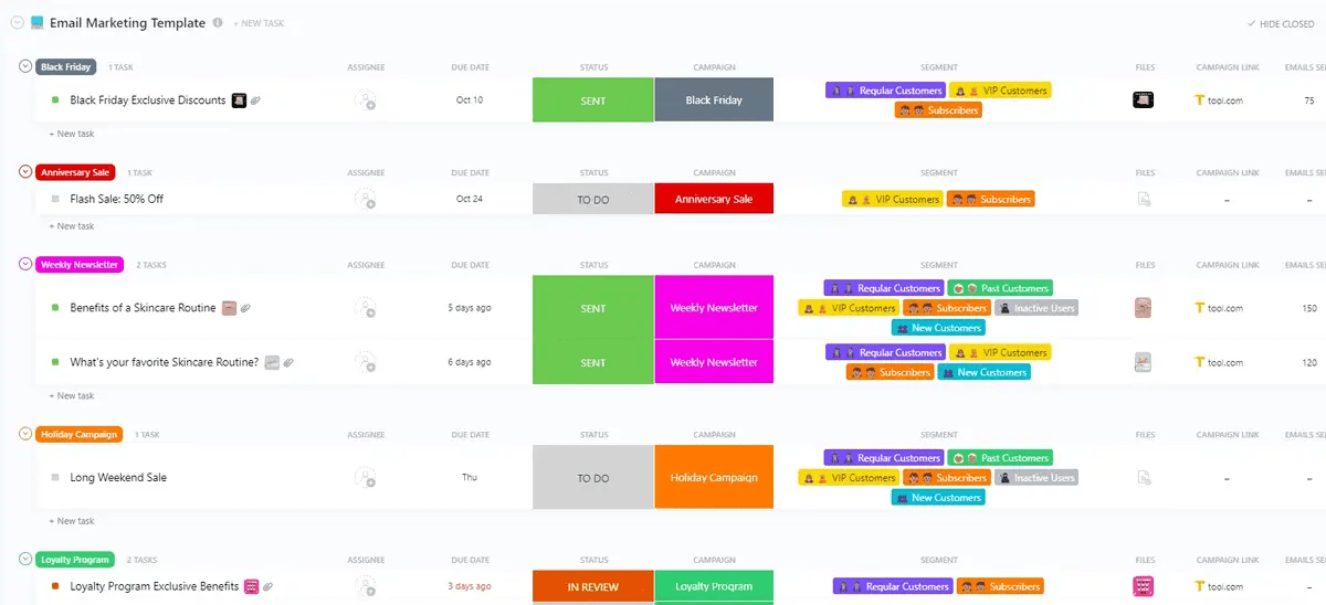 ClickUpの電子メールマーケティングテンプレートで、より整理された電子メールワークフローを選択しましょう。