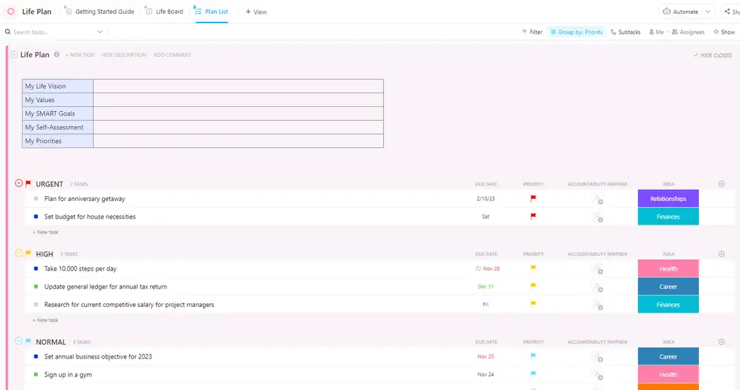 Planeje e gerencie eficazmente suas metas de vida com o modelo de plano de vida do ClickUp