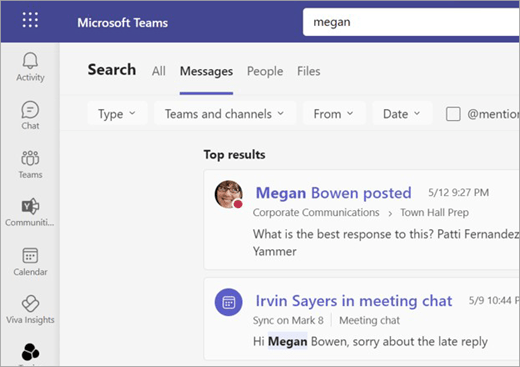 Teams Search bar enables to search a name or a conversation.