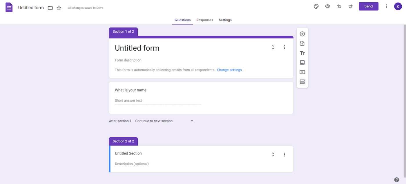 Google Forms adding sections
