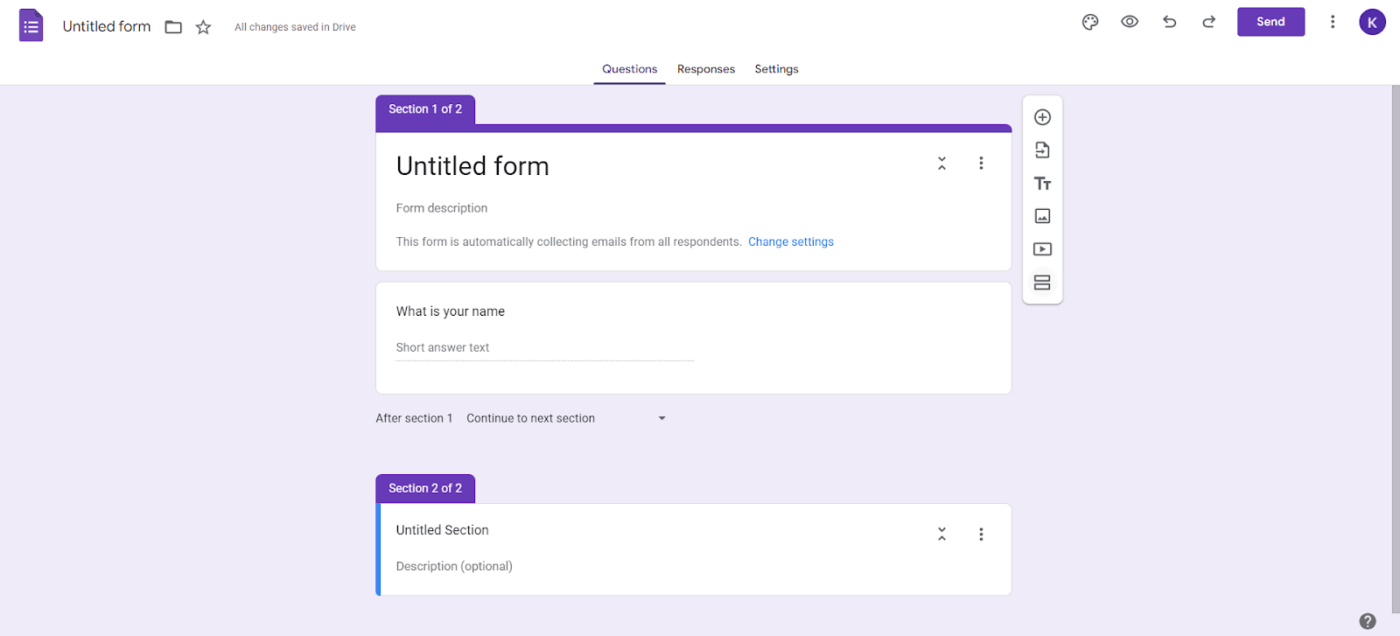 Google Forms adicionando seções