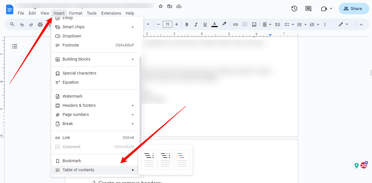 table of contents in google docs