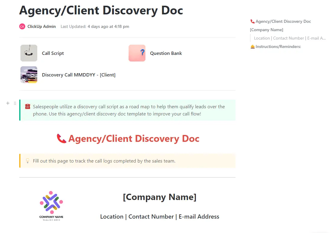 Gather client information with ClickUp's Agency/Client Discovery Doc Template