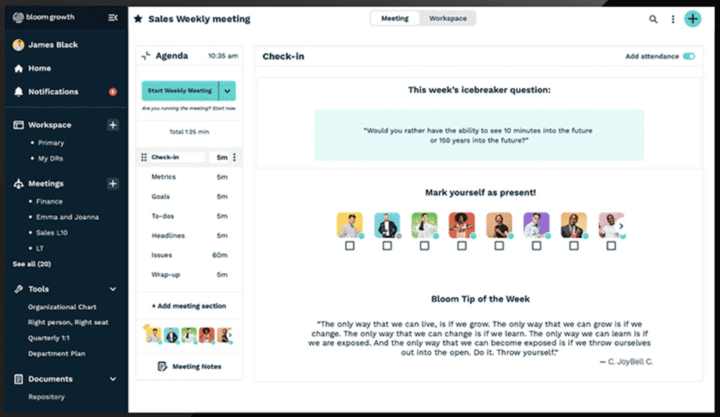 Tampilan baru antarmuka perangkat lunak sistem operasi kewirausahaan Bloom Growth setelah mengubah terminologi EOS dan beralih dari merek Traction Tools.  