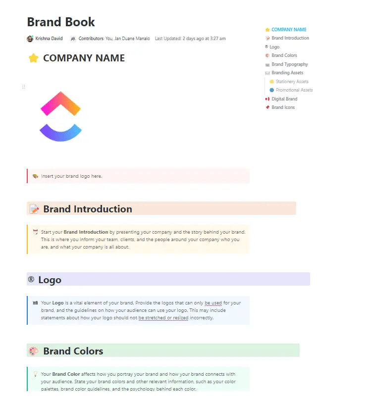 Use the Brand Book template to organize all your ideas in one place