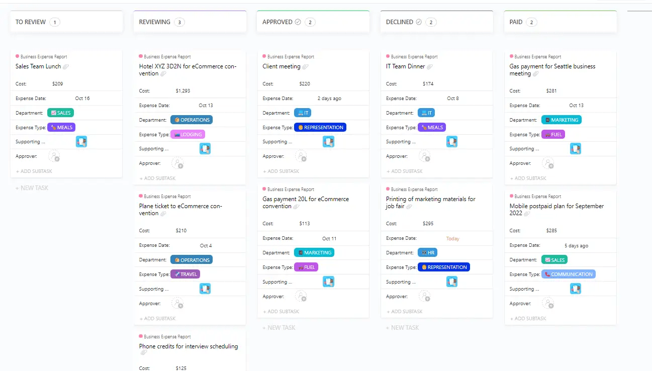 Spot high-spend areas in your monthly bills and identify saving opportunities with ClickUp’s Business Expense and Report Template