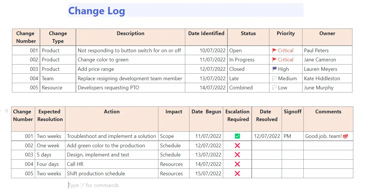 Keep a tab on change logs with ClickUp templates