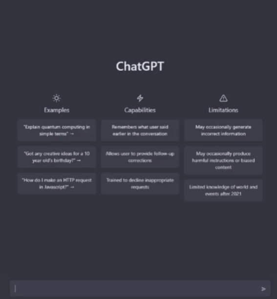 ChatGPT dashboard explaining capabilities and limitations