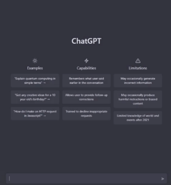 Tableau de bord de ChatGPT expliquant les capacités et les limites