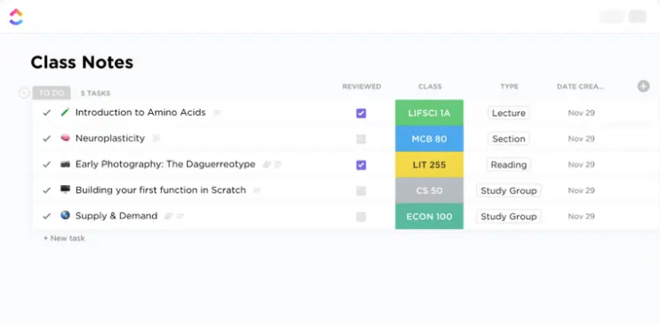 ClickUpのクラスノートテンプレートを使えば、講義のメモを取り、整理しておくことができます