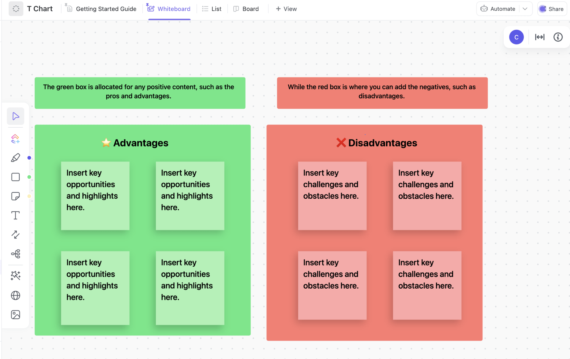 Compare the pros and cons of ideas and concepts using ClickUp's T Chart Template