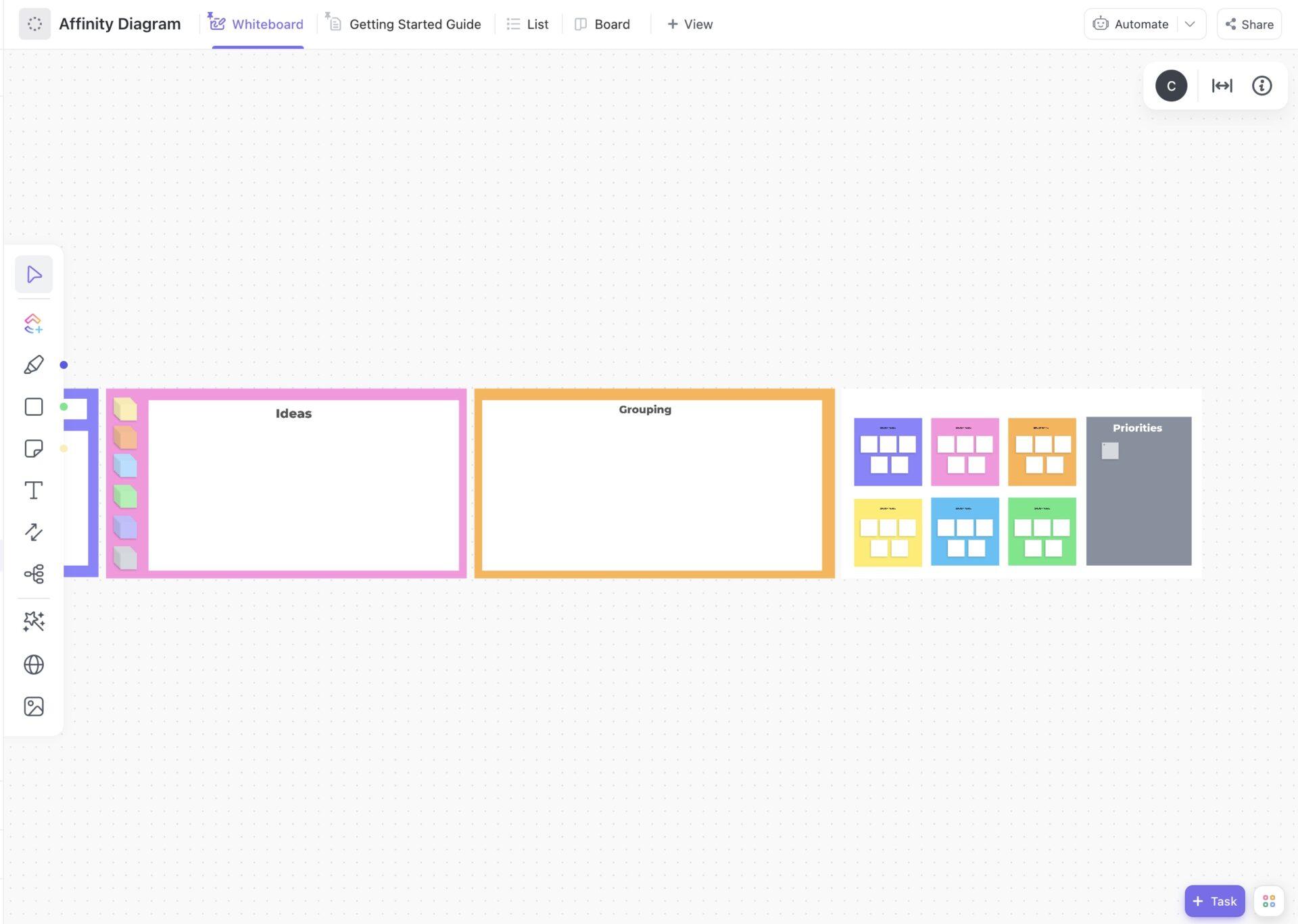 O modelo de diagrama de afinidade do ClickUp oferece uma abordagem estruturada para organizar ideias e percepções, facilitando discussões aprofundadas e sessões de brainstorming