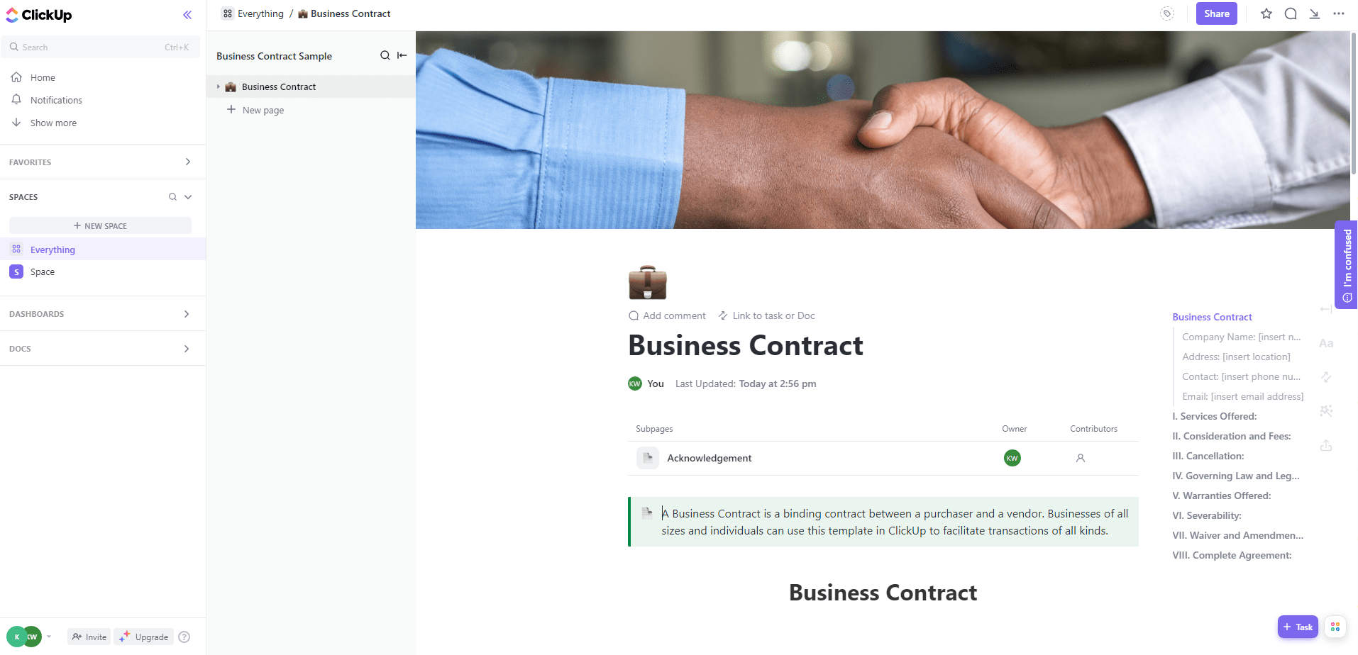 Optimize your business workflow with ClickUp’s comprehensive Business Contract Template