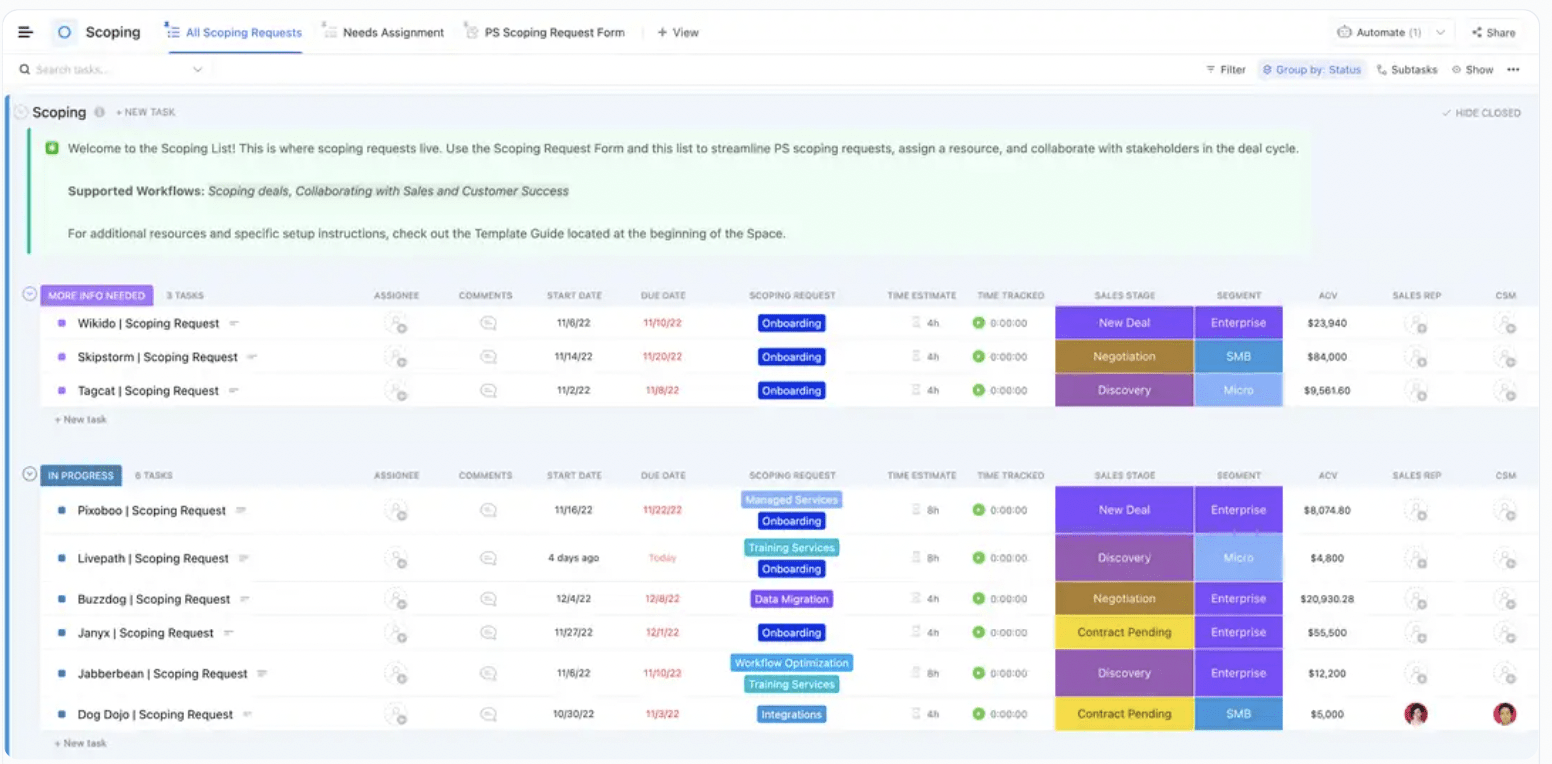 Los consultores utilizan la plantilla de servicios de consultoría de ClickUp para colaborar con equipos internos y socios, todo en un mismo lugar.   