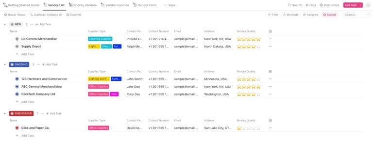 Clickup vendor list template
