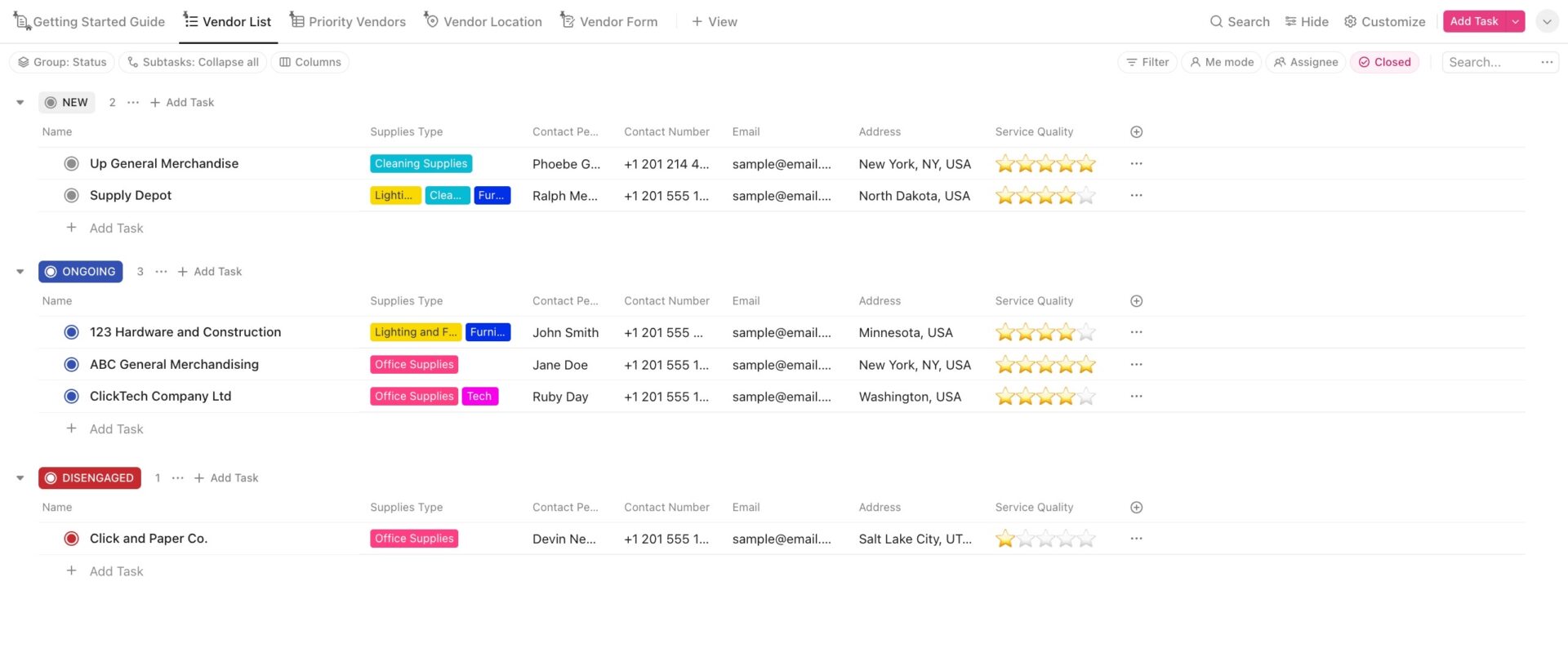 ClickUp Vendor List Template
