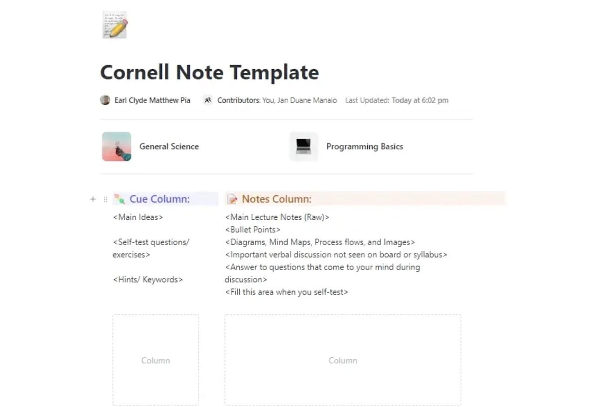 ClickUp's Cornell Note Template