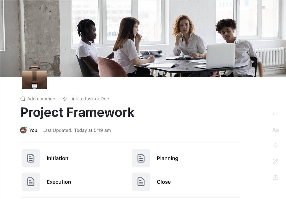 Product management frameworks: A screenshot ClickUp’s Project Framework Template