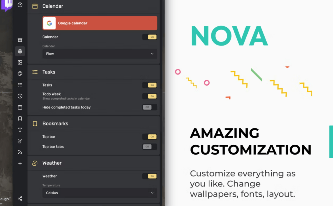 Dashboard for customizing your tabs to show Google Calendar through Nova New Tab