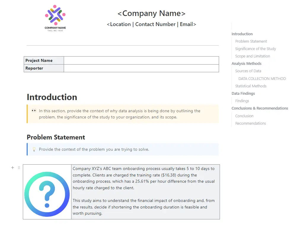 Colabore e acompanhe projetos de análise com o Data Analysis Findings Template do ClickUp