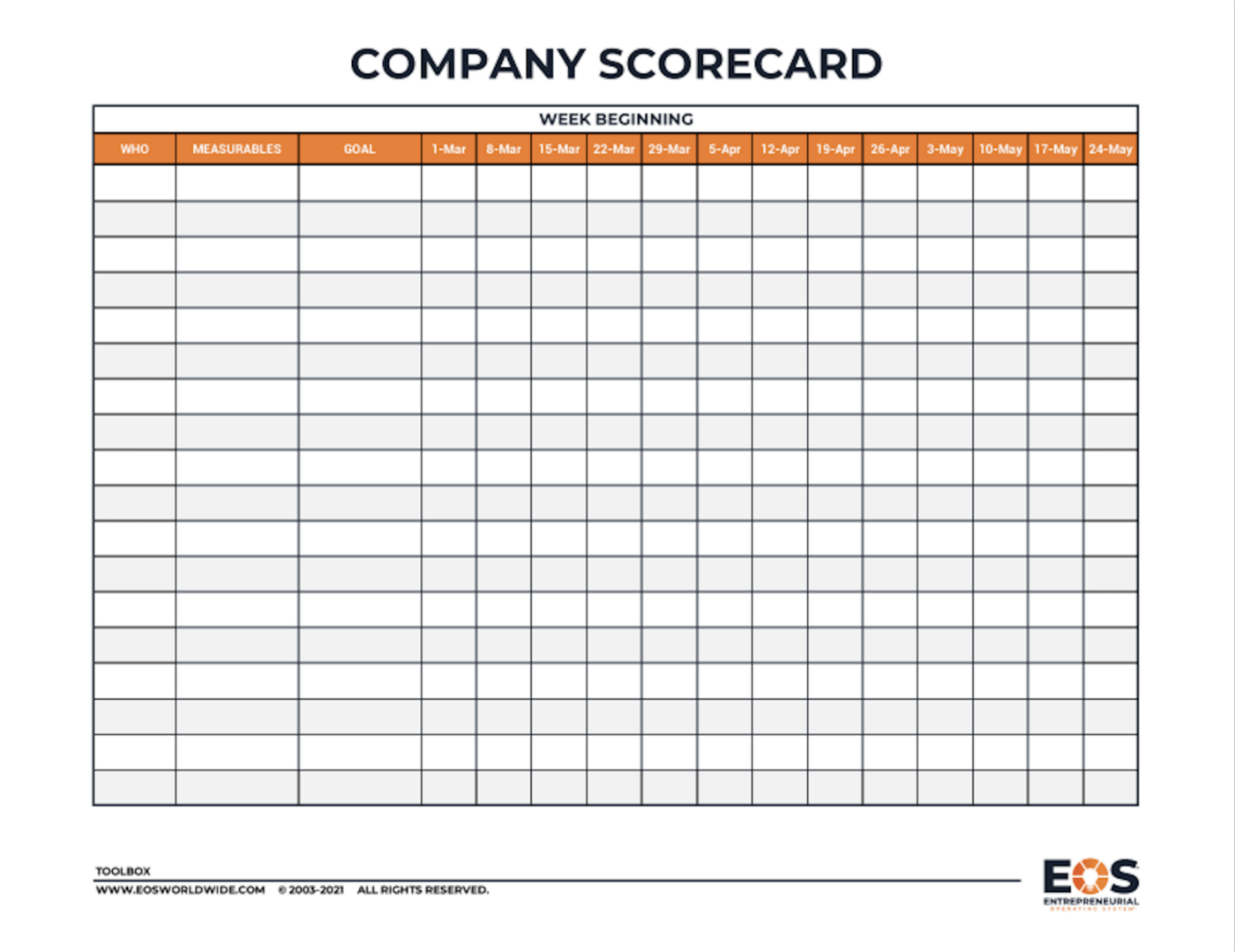 EOS Scorecard™ "Krijg een Pulse van je business op basis van een handvol geselecteerde nummers en neem beslissingen op basis van feiten in plaats van subjectieve meningen en ego's met behulp van de Scorecard."  