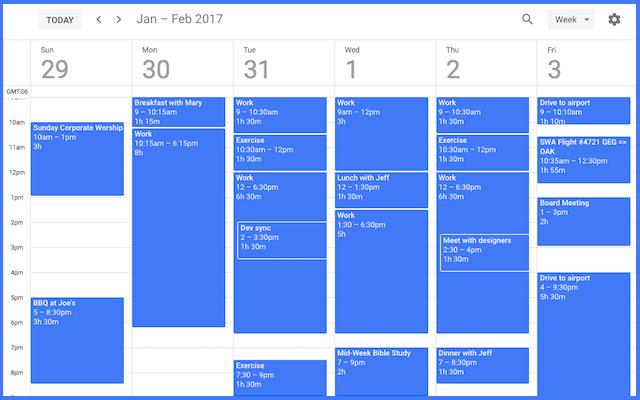 Exemple de calendrier avec des événements professionnels dans Google Calendar