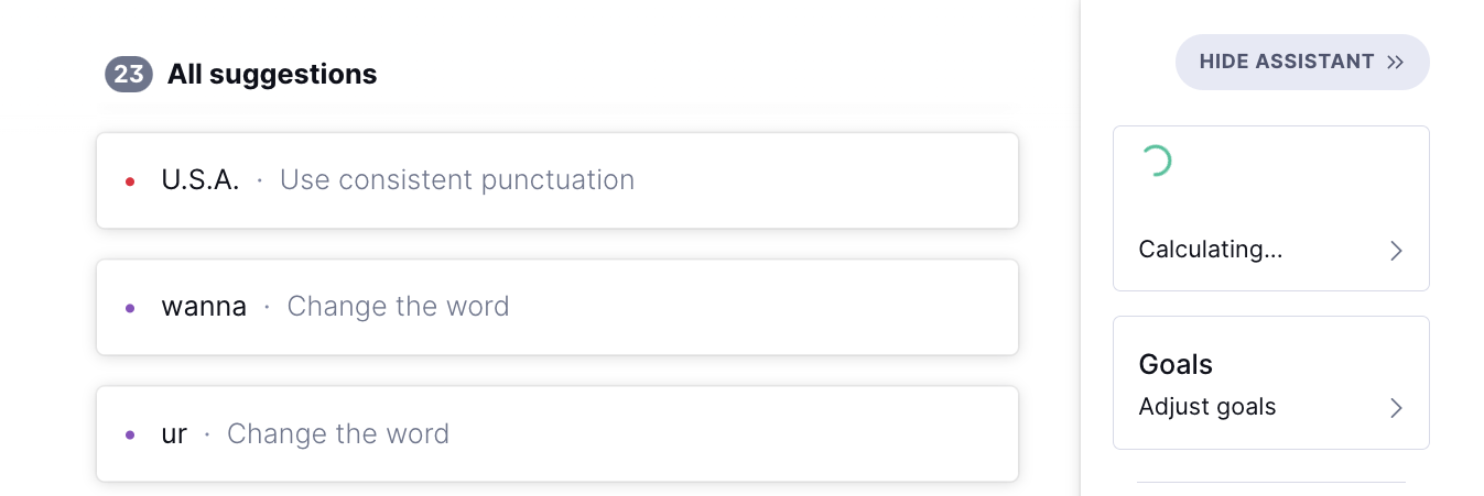 Ejemplo de funciones de edición y corrección de Grammarly