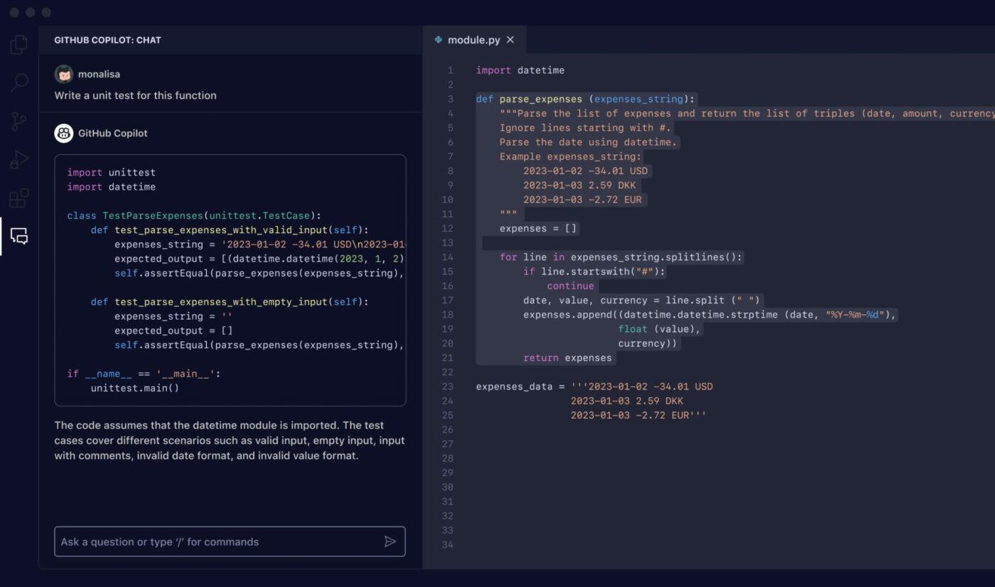 GitHub generando código basado en la petición de un usuario